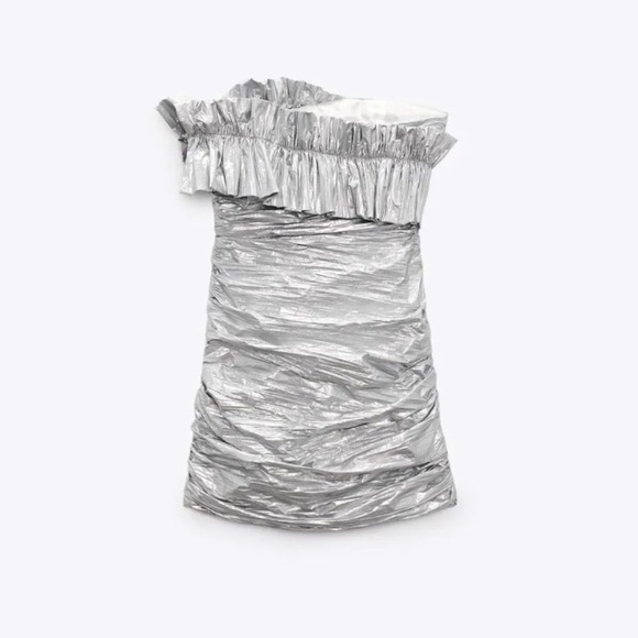 NWT ZARA silver foil finish ruffled strapless mini dress size M - Picture 7 of 9